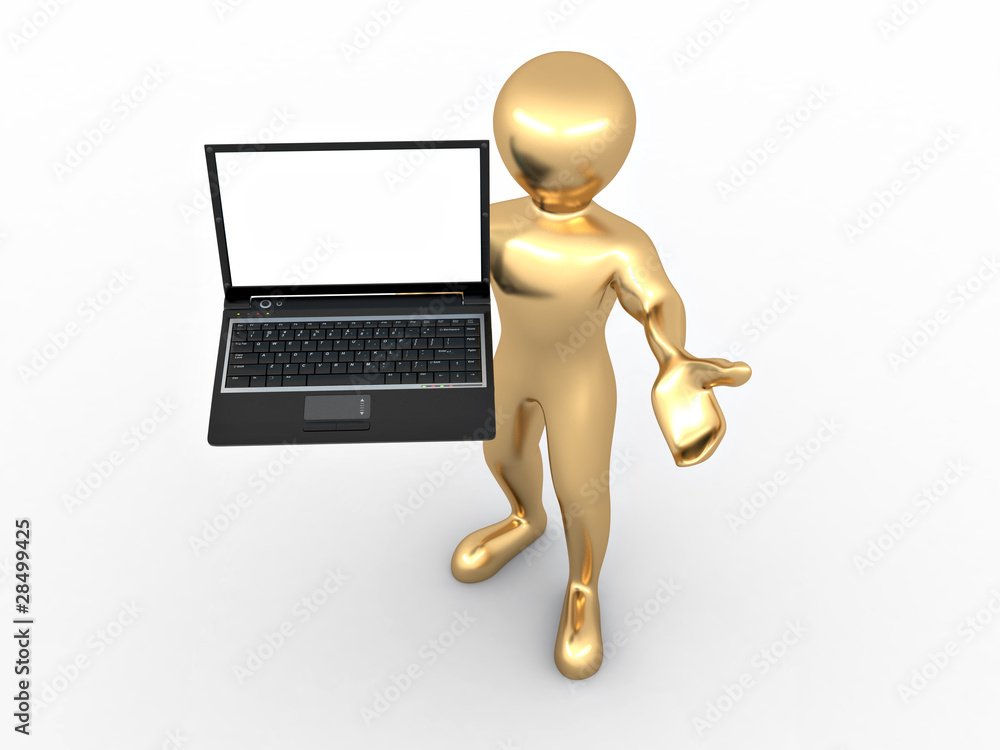 Poster man with laptop on white isolated background