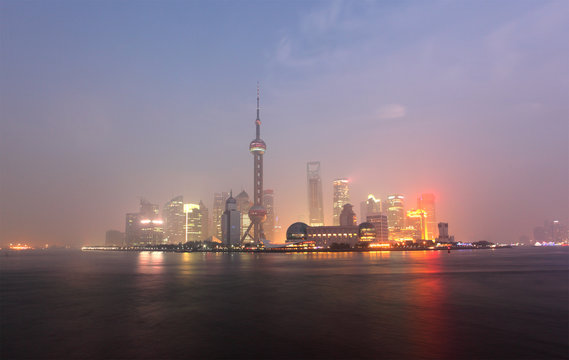 Skyline of Pudong at night. Shanghai China