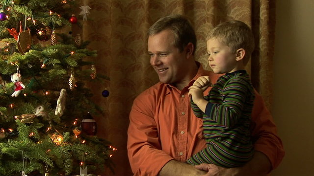 Father helping son decorate Christmas tree