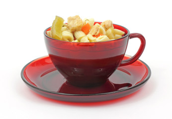 Cup of chicken rotini pasta soup