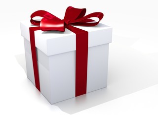 White Gift Box with red ribbon on white Background