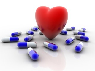 Red heart and sorrounded by medical pills