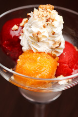 fruits sorbet with vanilla ice cream