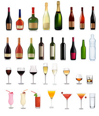 Set of different drinks and cocktails. Vector illustration.