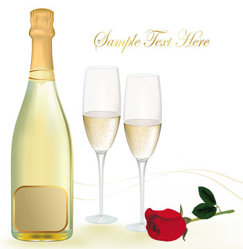 Vector illustration. Two glasses of champagne with red rose.