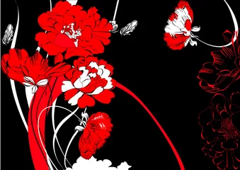 Papier Peint photo autocollant Fleurs abstraites Fleurs rouges sur fond noir