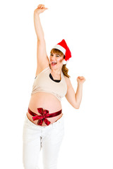 Obraz premium Happy christmas pregnant in Santa hat showing thumb up gesture
