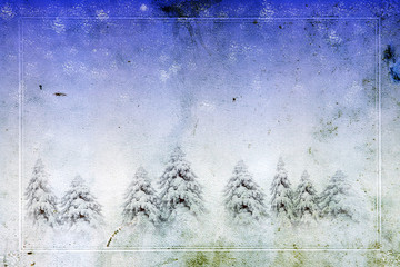 Grunge Christmas card with snowy firs