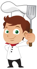 Young male chef holding a frying spoon.