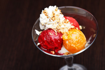 fruits sorbet with vanilla ice cream