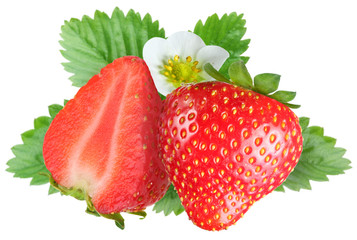 Tempting strawberries with leaves and flower.