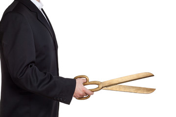 Businessman hold scissors isolated on white