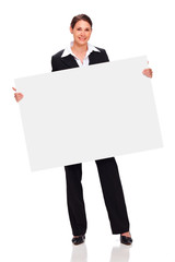 beautiful young business woman holding white board