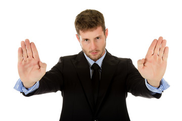 Attractive caucasian businessman, palms