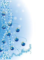 Blue balls with golden bows and tinsel on the Christmas tree