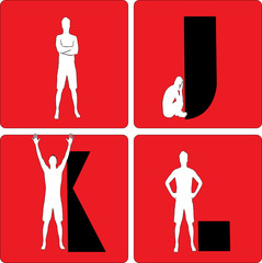 alphabet letters I, J, K, L vector - made from man silhouette
