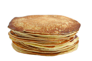 Big stack of pancakes on white background