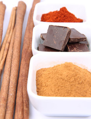 Hot chocolate ingredients: chocolate, cinnamon and chili