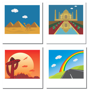 Set of four travel vector photos with Taj Mahal,egypt pyramids,r