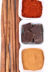 Hot chocolate ingredients: chocolate, cinnamon and chili