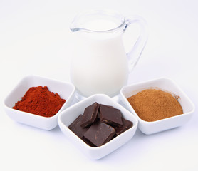 Hot chocolate ingredients: chocolate, cinnamon, chili, milk