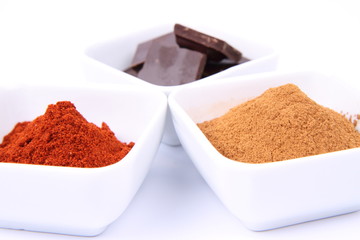 Hot chocolate ingredients: chocolate, cinnamon and chili