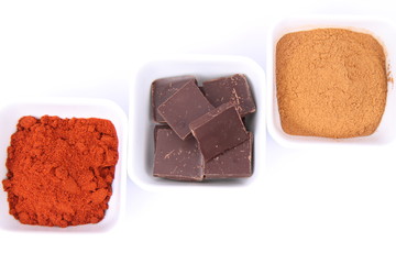Hot chocolate ingredients: chocolate, cinnamon and chili