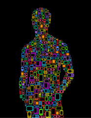 Silhouette of as man mad with Smartphones and Cellphones