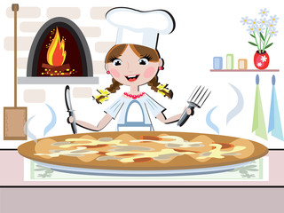 Girl  cook with pizza