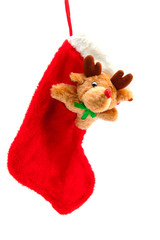 christmas stocking with rudolph over white background