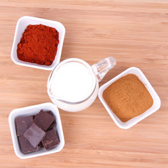 Hot chocolate ingredients: chocolate, cinnamon, chili, milk