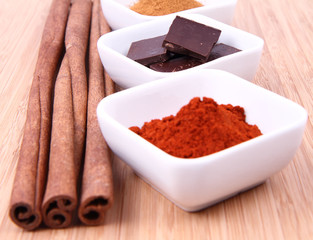 Hot chocolate ingredients: chocolate, cinnamon and chili