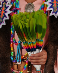 Jeune fille amérindienne tenant des plumes vertes