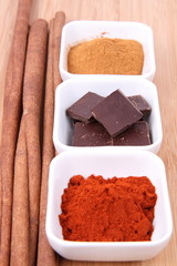 Hot chocolate ingredients: chocolate, cinnamon and chili