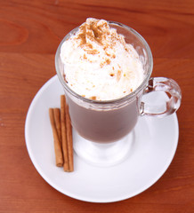 Hot chocolate with whipped cream and cinnamon in a mug