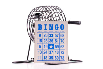 Blue Lettering Bingo Card with Bingo Ball Cage