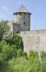 Fototapeta na wymiar Вид на Воротную башню и стены Ивангородской крепости