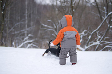 Fototapeta na wymiar cute baby play with small dog in snowy park