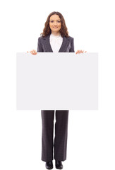 Cute Indian woman presents with a blank white board