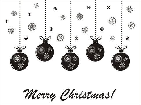 Holiday christmas black-and-white vector card with hanging balls