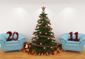 Christmas tree in the interior with blue leathern chairs, and 20