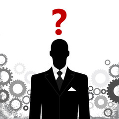 business man with gears and question mark above head