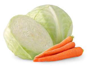 Isolated vegetables. Cabbage and carrots isolated on white background
