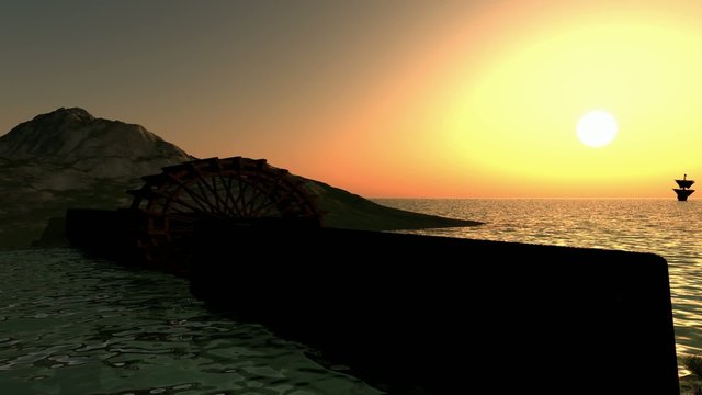 Sonnenuntergang am Horizont mit Segelschiff