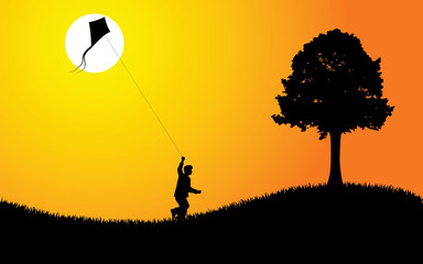 Kid with Kite At Sunset