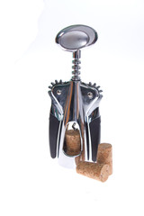 Modern, metal corkscrew isolated on a white background