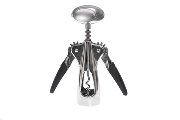 Modern, metal corkscrew isolated on a white background