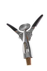 Modern, metal corkscrew isolated on a white background