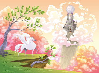 Pegasus and mythological landscape. Vector illustration