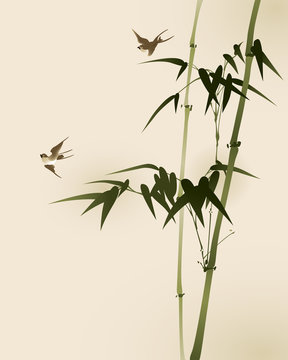 bamboo branches, vectorized oriental style painting